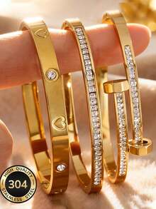 304 Stainless Steel 3pcs 18K Gold Plated Stackable Bangle Set For Women, Engraved Heart, Full Rhinestones, Waterproof, Rust-Resistant, Hypoallergenic, Multi-Style Premium Jewelry, Valentine's Day Birthday Gift And Party Favor - Gold - View 9
