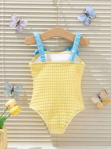 Young Girl Soft Yellow Textured Bow Decor Camisole One-Piece Swimsuit - Yellow - View 2
