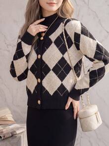 JIANHU Áo khoác cardigan dệt kim họa tiết Argyle cổ điển với chi tiết cúc vàng, hoàn hảo cho các lễ hội mùa thu và mùa đông, thanh lịch nhưng ấm áp cho các buổi tụ họp ngày lễ, ấm áp và đa năng cho Giáng sinh, tiệc năm mới và kỳ nghỉ hàng ngày. - màu đen - Xem 1