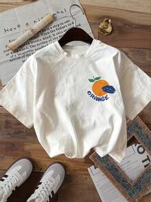 Minimalist. 100% Cotton. 1 Piece. [Double-Sided Printing] Fashionable Women's Top. Women's Summer Clothing. Fresh Style. Orange Print With The Text "ORANGE ALWAYS BE YOURSELF". [LangK] Pure Cotton Short-Sleeved Round Neck T-Shirt. Spring/Summer Top. - 白色 - 查看 2