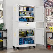 Metal Garage Storage Cabinets With Wheels And Drawers, Steel Filing Cabinets For Home Offices, 71 Inch High Tool Cabinets, Metal Cabinets With 4 Locked Doors And 3 Adjustable Shelves - B - View 12