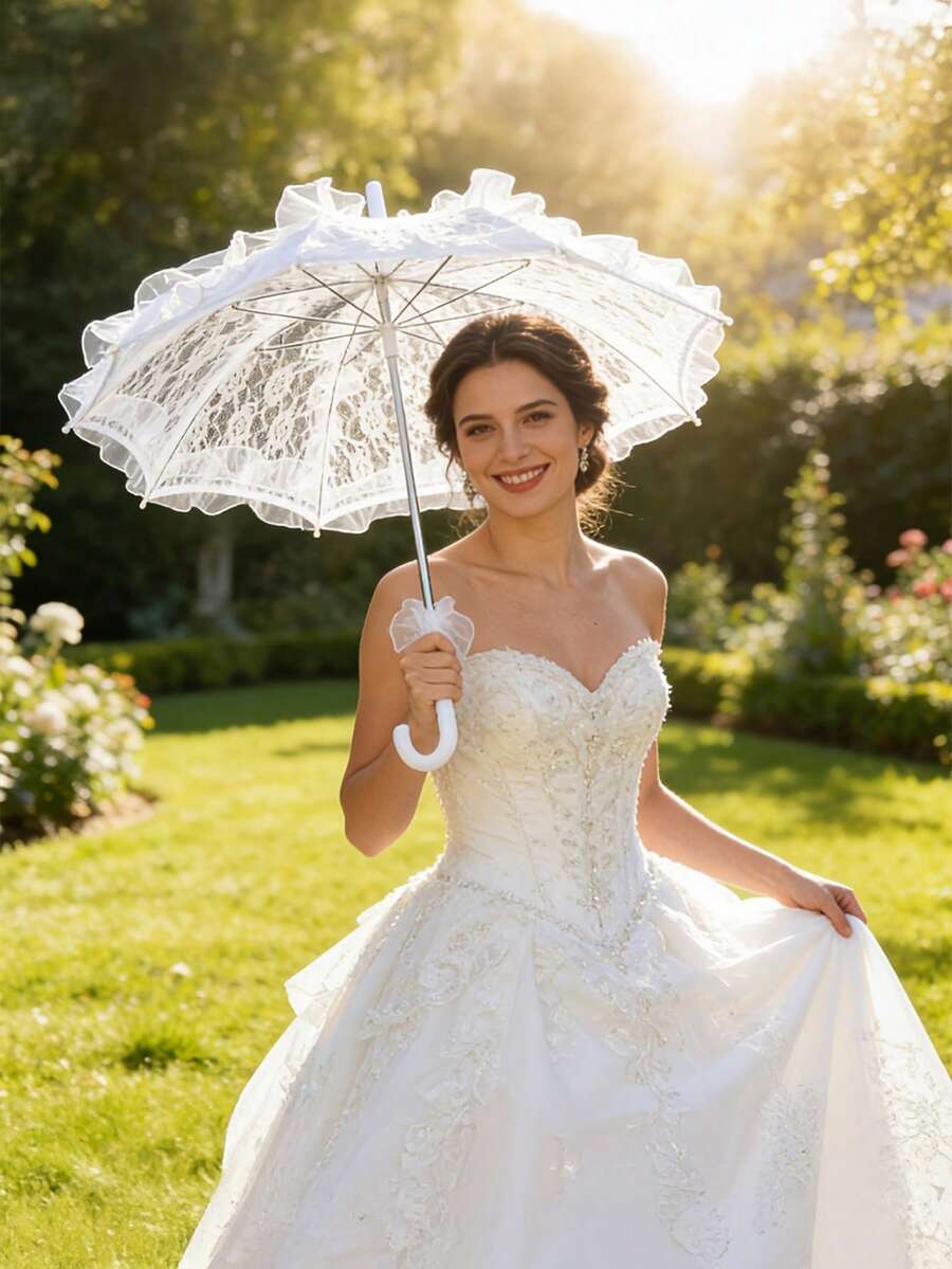1件/2件裝蕾絲傘與扇套組 新娘傘 歐式浪漫公主傘 哥德風戶外婚禮裝飾傘 - 黑色 - 查看 1