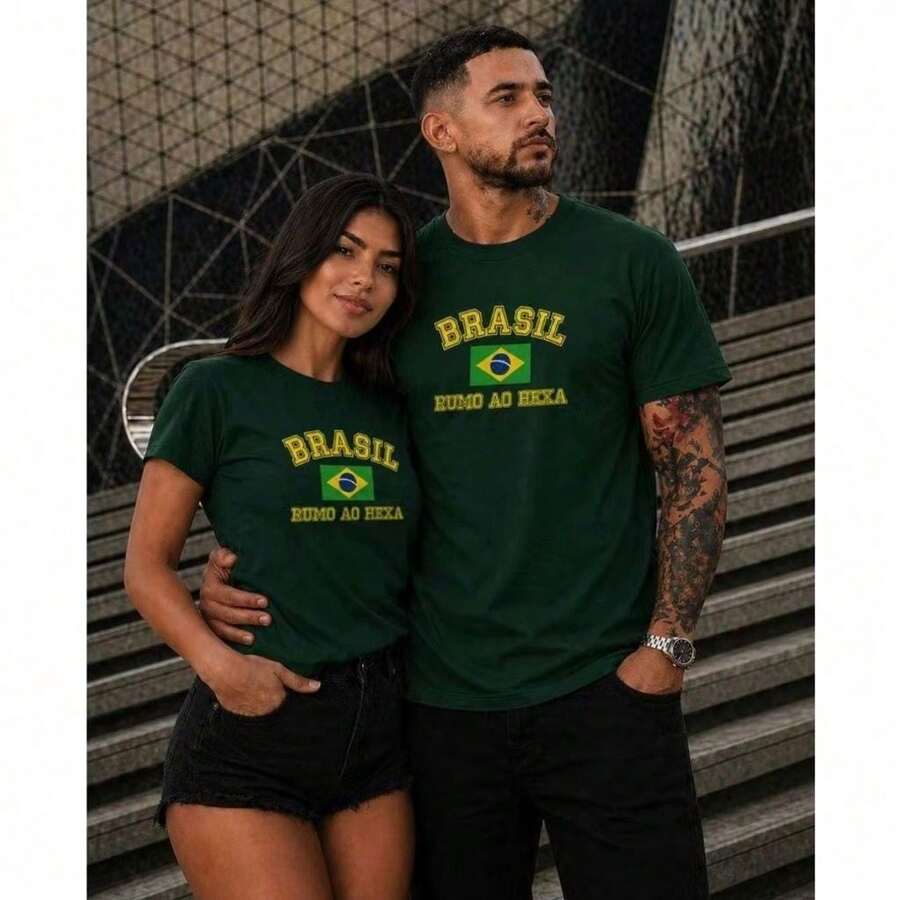 Kit 2 Camisetas Camisa Casal  Brasil Rumo ao Hexa Seleção Brasileira Copa do Mundo 2026 Blusa Unissex Feminina e Masculina - Verde Militar - Visão 1