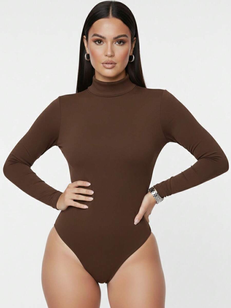 Women's Bodysuit With High Neck And Long Sleeves - Rust Brown - View 1