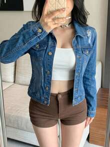 Slim Denim Jacket With Premium Distressed Details,  Urban Style. - 中藍色 H3NZY03 - 查看 1