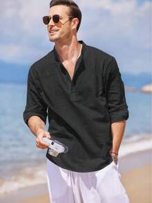 Men's Cotton Linen Long-Sleeved Shirt - 黑色2 - 查看 3