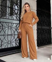 Women's Winter Set With Wide-Leg Pants - 駝色 - 查看 1