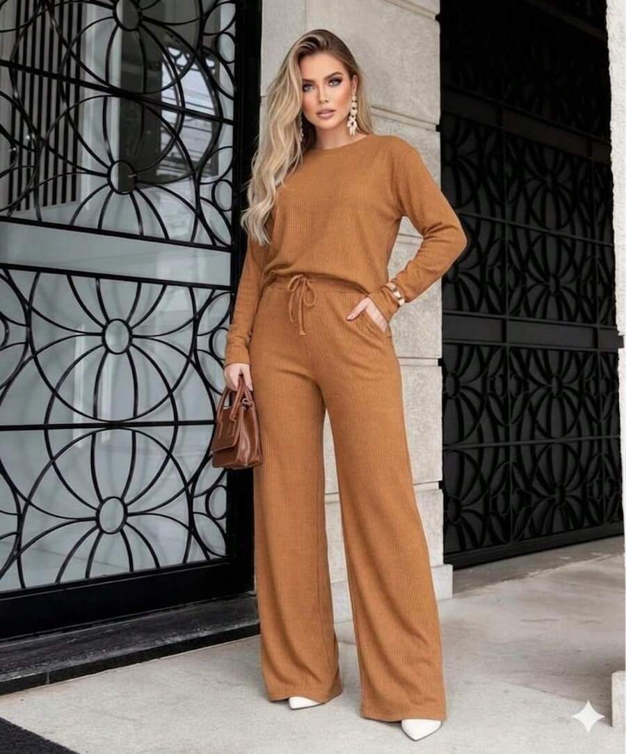 Women's Winter Set With Wide-Leg Pants - 駝色 - 查看 1
