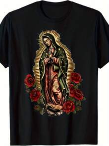Camisetaólica de Nuestra Señora de Guadalupe - Ropa Religiosa con Rosa Roja y Dorado - Camiseta Unisex de 220GSM - Adecuada para Todas las Temporadas - Negro - Ver 1