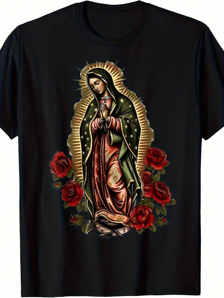 Camisetaólica de Nuestra Señora de Guadalupe - Ropa Religiosa con Rosa Roja y Dorado - Camiseta Unisex de 220GSM - Adecuada para Todas las Temporadas - Negro - Ver 1