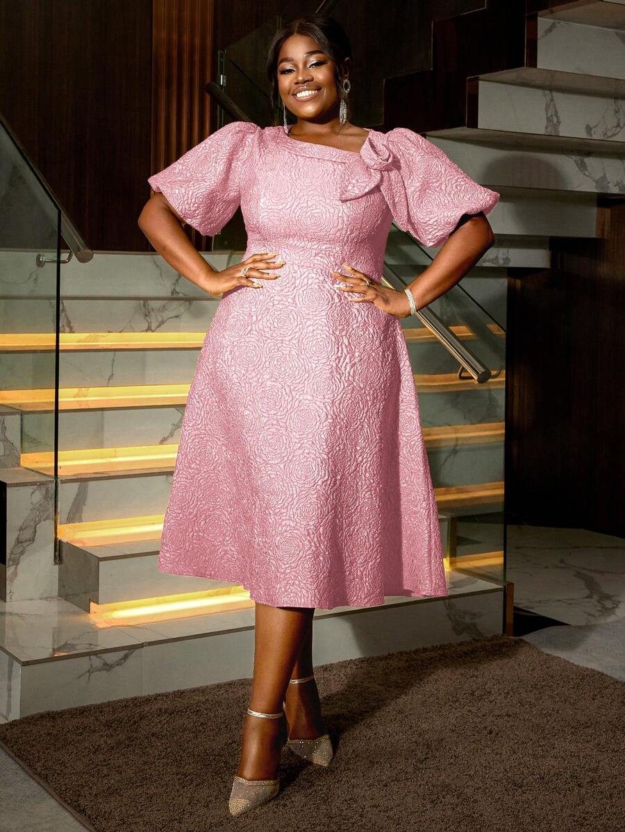 Women Plus Size Pink Jacquard Flared Puff Sleeve A-Line Graduation Dress Wedding