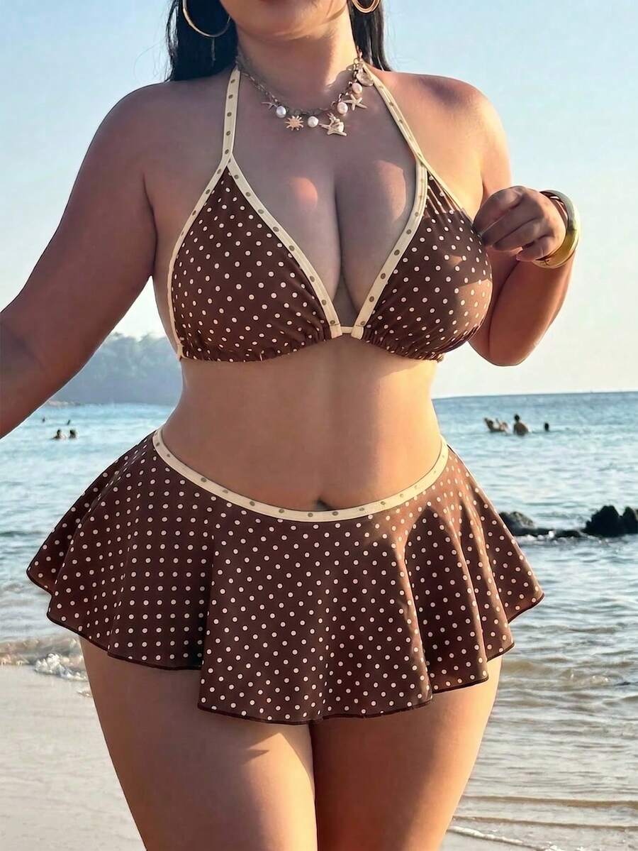 Women's 2-Piece Swimsuit Set: Polka Dot Print Spaghetti Strap Top And Contrasting Ruffle Bikini Bottom - Brown - View 1