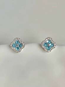 1 Pair Elegant Floral Zirconia Decorated Earrings , Hanging Chain Gold Chain Suitable For Daily Wear Throat Design Exquisite And Delicate, Suitable For Daily, Casual And Party Wear - Four-leaf Clover, Sea Blue - View 6