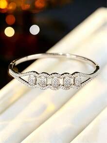 1pc Luxury Full Rhinestone Inlaid Geometric Bangle, Niche Design High-End Style Jewelry, Versatile For Daily Commute - Bracelet - View 8