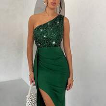 xuehuamaoyi02  Vestido elegante de cintura alta con pliegues laterales y abertura, falda larga con parches de lentejuelas y asimétrico, vestidos de mujer para fiestas, cumpleaños, cena, damas de honor, vestidos sexy, semi formales y largos de gala para mujer - Rosa Fucsia - Ver 5