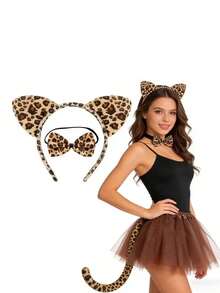 3pcs Cute Leopard Cat Costume Set With Ears, Tail And Bow, Perfect For Holiday Parties And Theme Party Cosplay - Multicolor - View 2