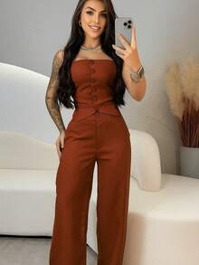 Women's Strapless Dress And Wide-Leg Pants Set, Tailored And Sensual Style - Đất nung - Xem 1