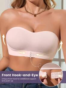 Women Invisible Strapless Push Up Bra Front Closure Convertible Bandeau W/ Clear Straps - Pink - View 5