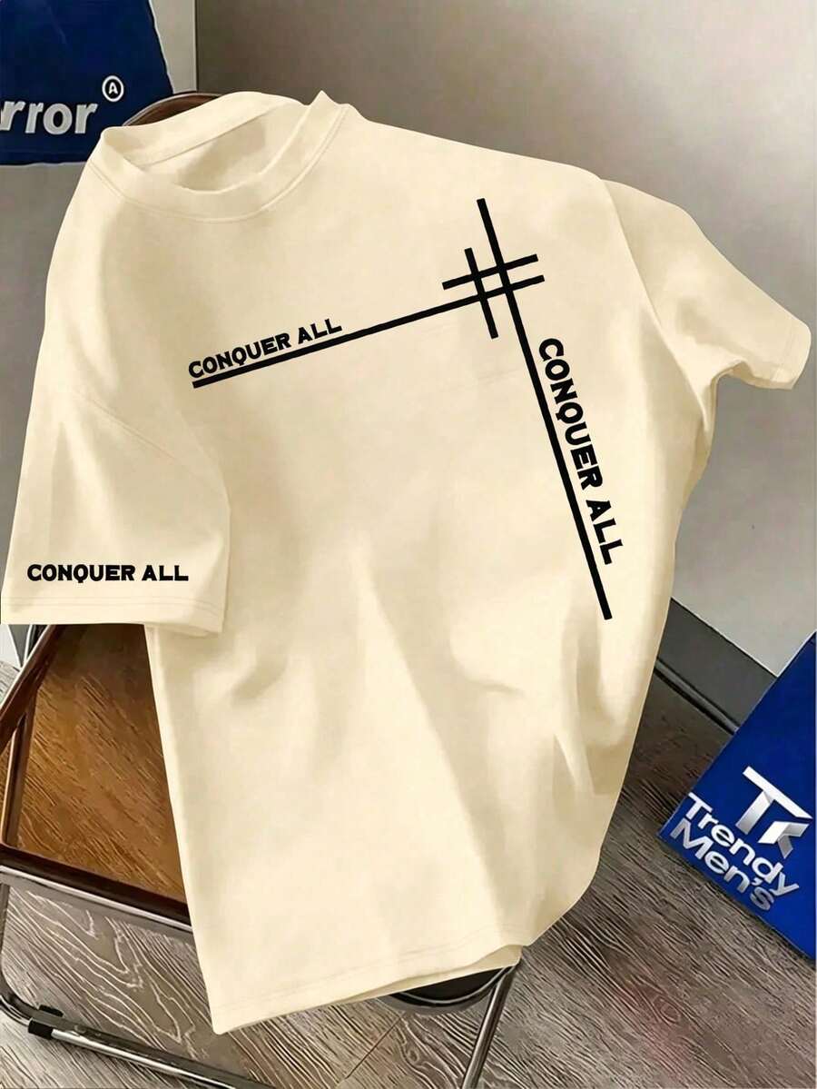 Nyaste modellen 2026 Manfinity Dauomo Herr T-shirt med korta ärmar och bokstavsmönster, sommarpopulärhet - Kaki 3 - Visa 1