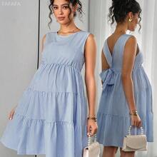 xuehuamaoyi02 Momance Vestido de maternidad elegante con lazo, escote en V y estampado de rayas - Azul - Ver 2