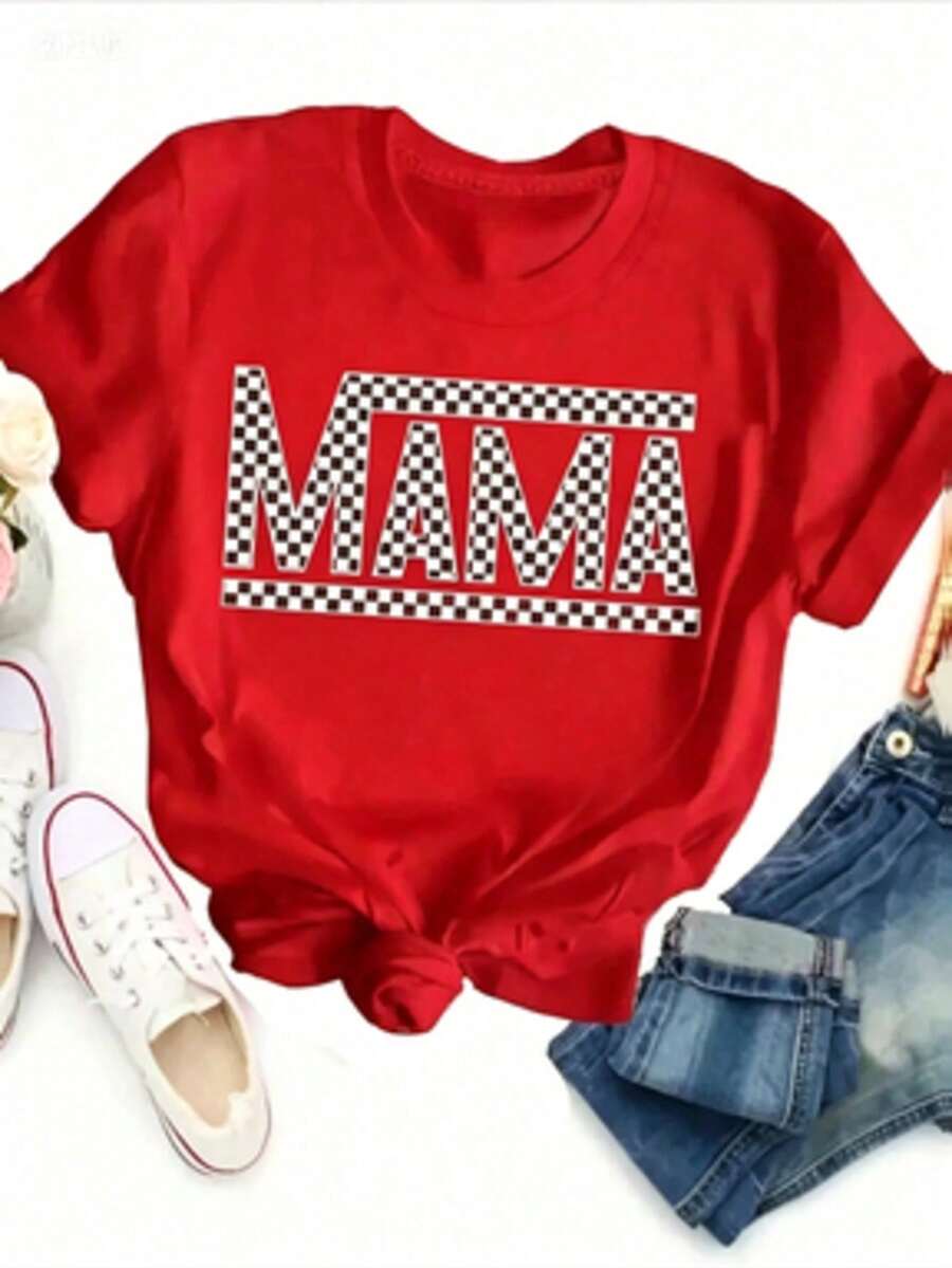 Women's-Shirt 1pcs Cotton Mama Letter Print Crew Neck-Shirt - Soft Mid-Elasticity Polyester Short Sleeve Top Spring & Summer - Relaxed Fit, Casual, - Đỏ - Xem 1