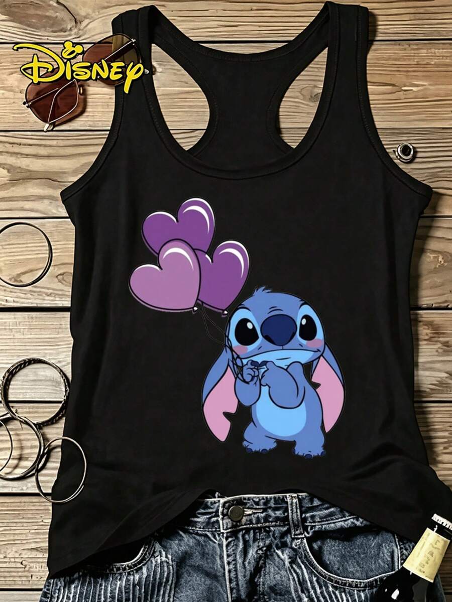 Disney Lilo & Stitch Heart Balloon Graphic Tank Top, Women's Casual Sleeveless Crew Neck Vest, Summer Basic Tee - 黑色 - 查看 1