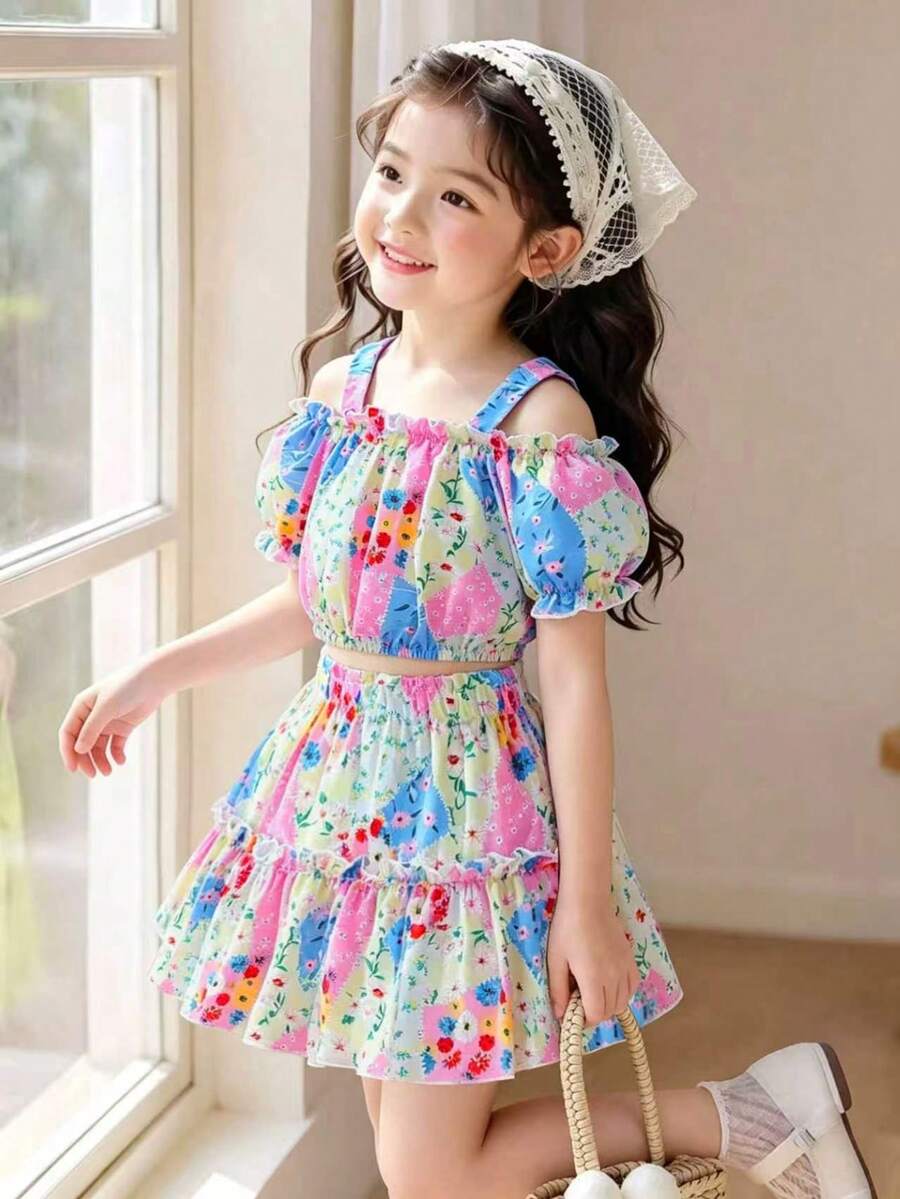 2pcs/Set Young Girls' Ditsy Floral Outfit - Off Shoulder Puff Sleeve Floral Blouse + Ruffle Hem Skirt, Suitable For Casual, Beach, Party And Other Occasions - Multicolor - View 1
