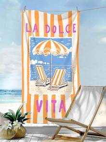 1件時尚橘色條紋大尺寸沙灘浴巾，極簡風「La Dolce Vita」超細纖維快乾吸水防沙浴巾，適合旅行、游泳池、潛水、衝浪、瑜珈、露營、沙灘派對與派對裝飾，夏季海邊旅行必備，度假浴室裝飾水上派對多功能沙灘巾 - 橙色條紋 - 查看 3