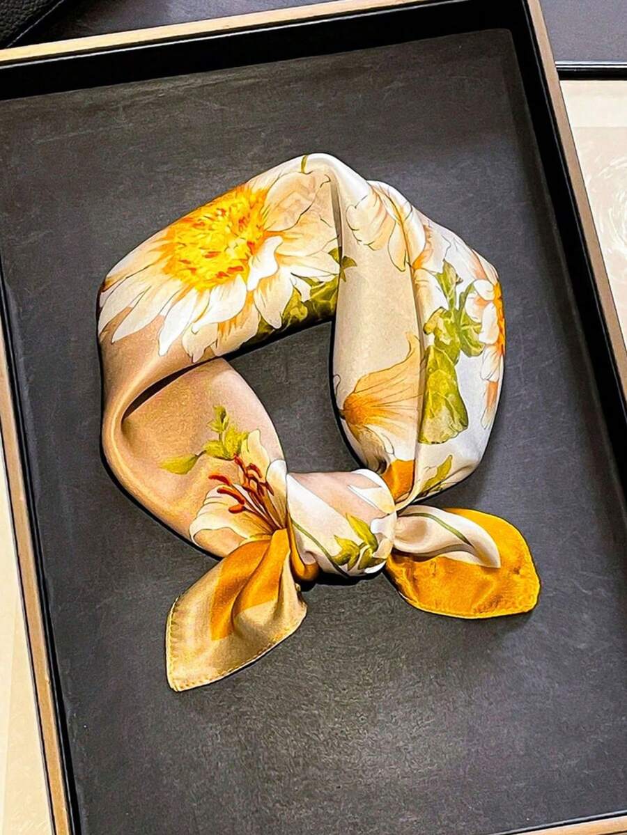 1件 53cm 100%純絲花卉方巾，向日葵與百合花紋女款絲巾，可用於頸部、頭部、包裝裝飾，具防曬功能