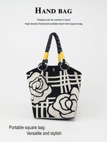 This Colorblock Casual Women's Handbag Features Black And White Woven Rope Handle Design, Perfect For Working Women, Teachers And Students - Black - View 6