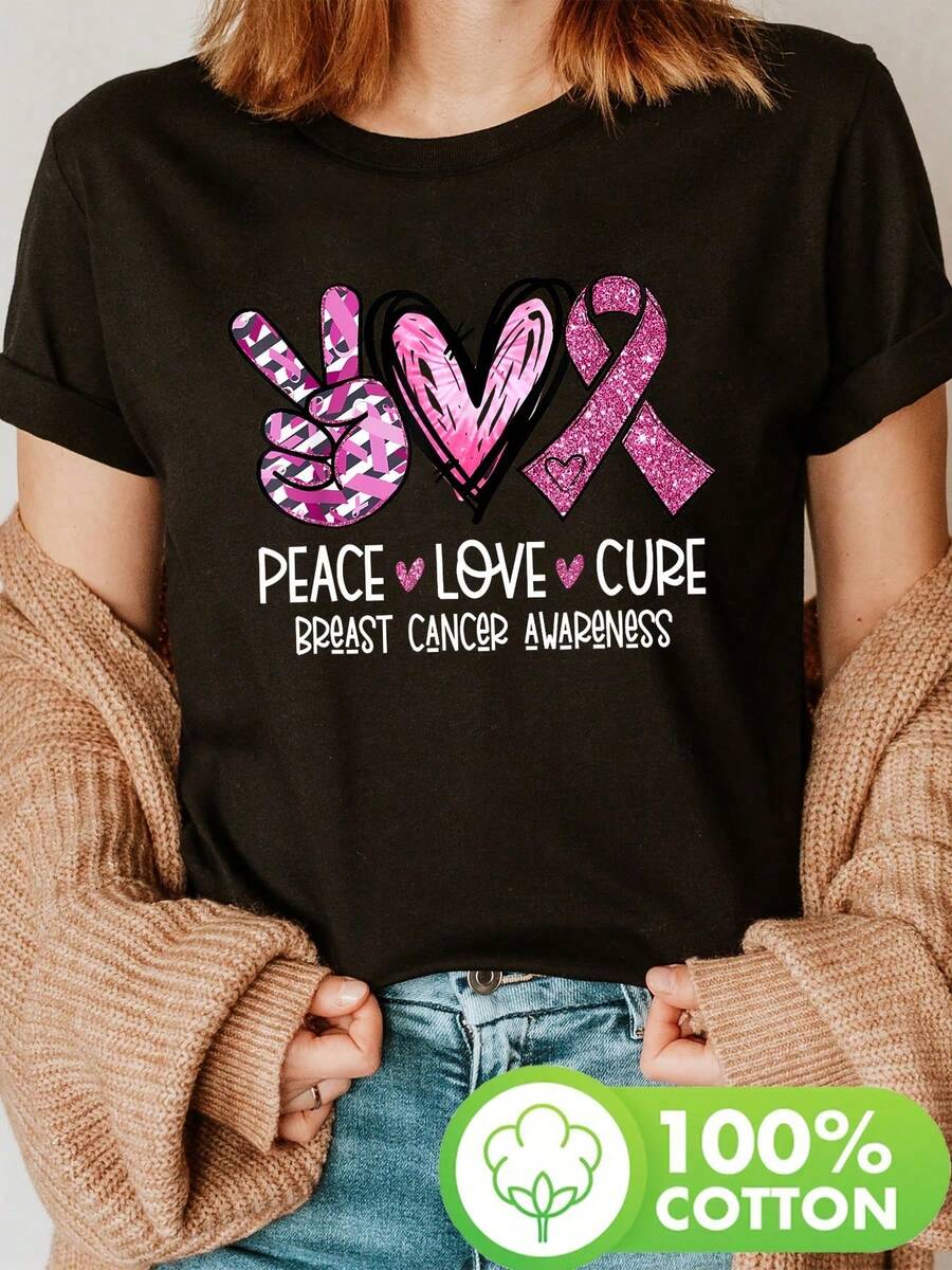 This 2026 Casual Short-Sleeved T-Shirt Features A Crew Neck Design With A Pink Bow And Heart Pattern, Designed To Raise Awareness Of Breast Cancer-Perfect For Women's Spring And Summer Fashion. - Schwarz - 查看 1