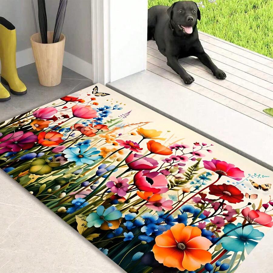 1 pieza Alfombra de cocina con estampado floral de primavera, alfombra antideslizante para el suelo, alfombra decorativa para fiestas festivas, alfombra, alfombra resistente al aceite, alfombra de secado rápido, adecuada para cocina, pasillo, baño, lavandería, decoración del hogar - Multicolor - Ver 1