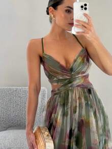Lightweight Printed Tulle Strappy Dress For Spring And Summer - 軍綠色 - 查看 2