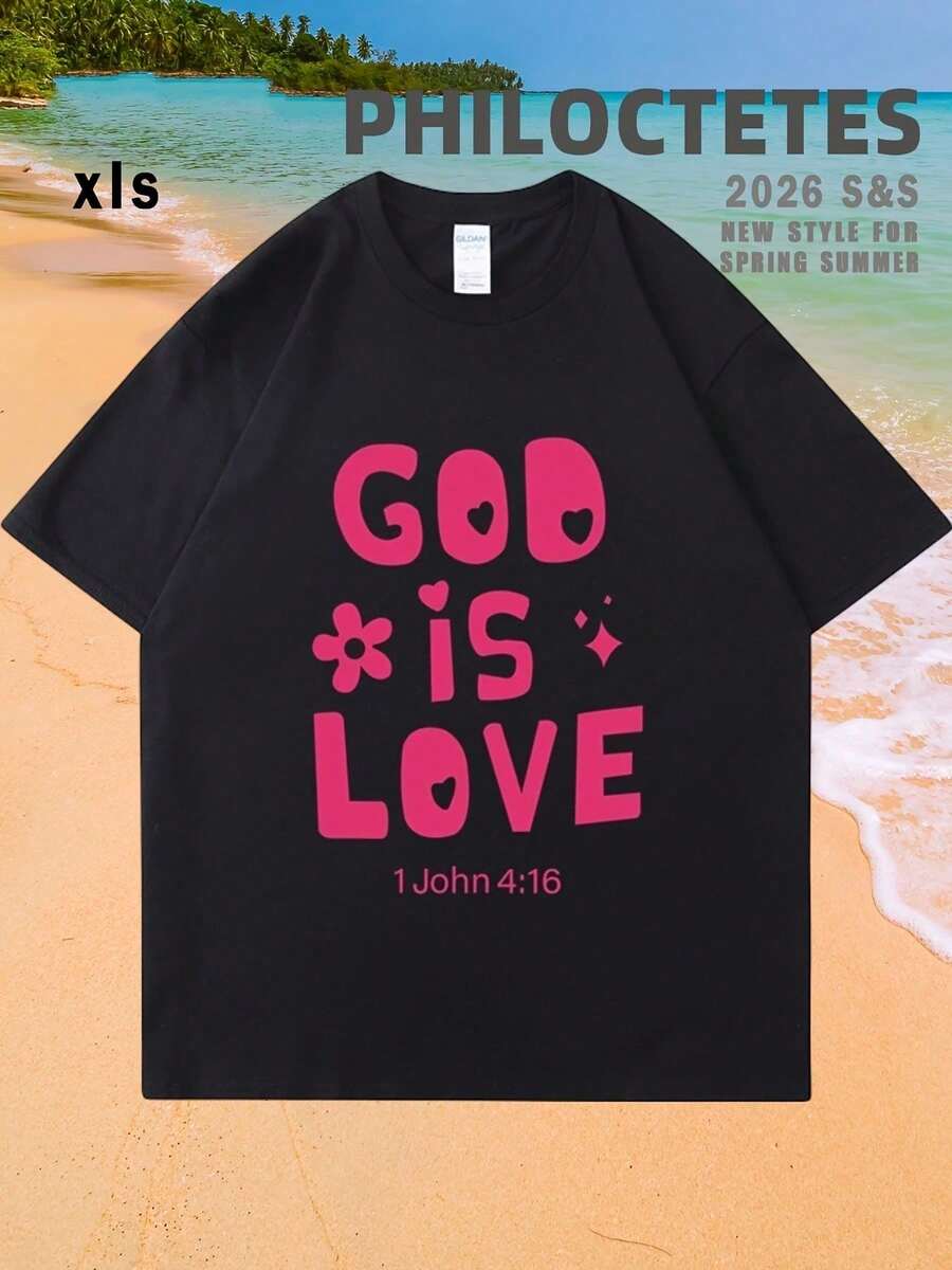 GOD Is LOVE Bible Verse T-Shirt For Women Men - Pink Floral Heart Design With 1 John 4:16 Quote, Soft Cotton Crew Neck Short Sleeve Tee, Spring S - Black - View 1