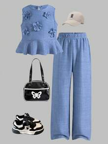 Girls' Casual Solid Color 3D Floral Backless Sleeveless Top And Straight Leg Pants 2 Pieces Set, Spring/Summer - Blue - View 2