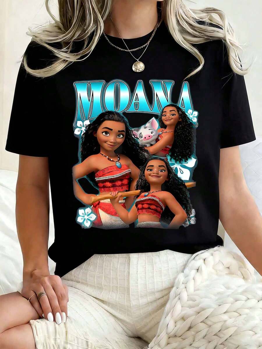 Disney Women Round Neck T Shirt Moana Character Print And Text Design For Casual Wear Summer Holiday 220g - Black - View 1