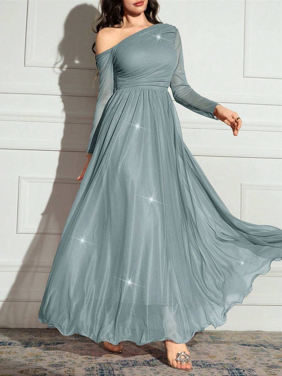 xheModelyn Vestido largo de manga larga con cuello asimétrico de unicolor y brillos, elegantexhe - verde menta - Ver 1