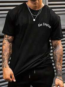 Men's T-Shirt With Letter Print - Black - View 1