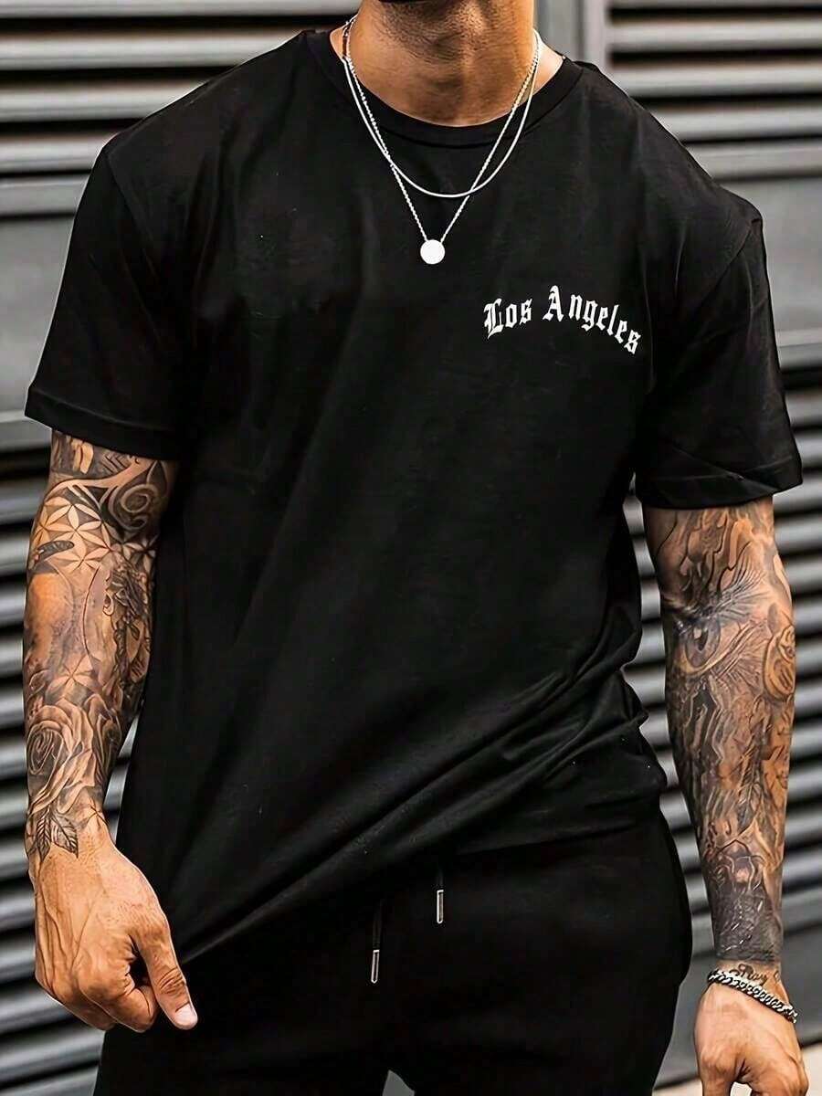 Men's T-Shirt With Letter Print - Black - View 1