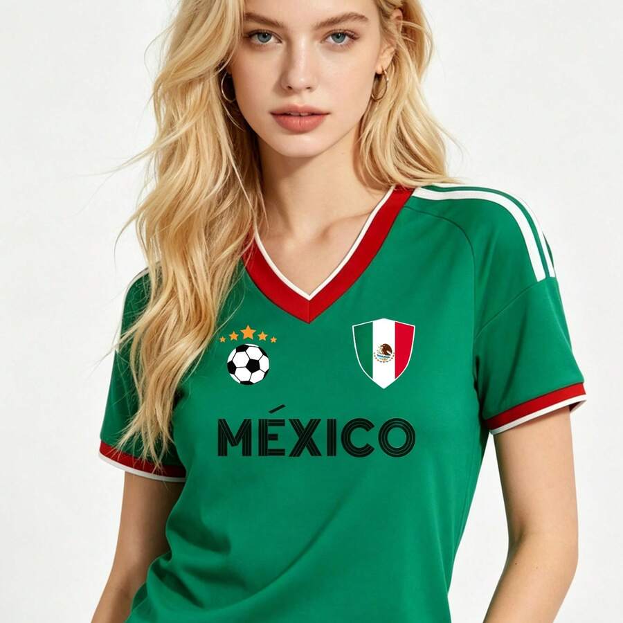 T-Shirt With Mexican Print, Soccer Ball Design With Stars, Bold MEXICO Lettering, Green, White And Red Details, V-Neck With Red Trim, Short Sleeves With White Stripes, Patriotic Sporty Style, Ideal For Mexican Soccer Fans - 綠色 - 查看 1