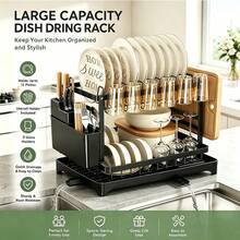 Dish Drying Rack 2 Tier, Stainless Steel Black Kitchen Countertop Organizer With Drainboard, Built-In Utensil & Cutting Board Holder, Large Capacity Space-Saving Kitchen Tableware Organizer, Easy To Clean - Black - View 1