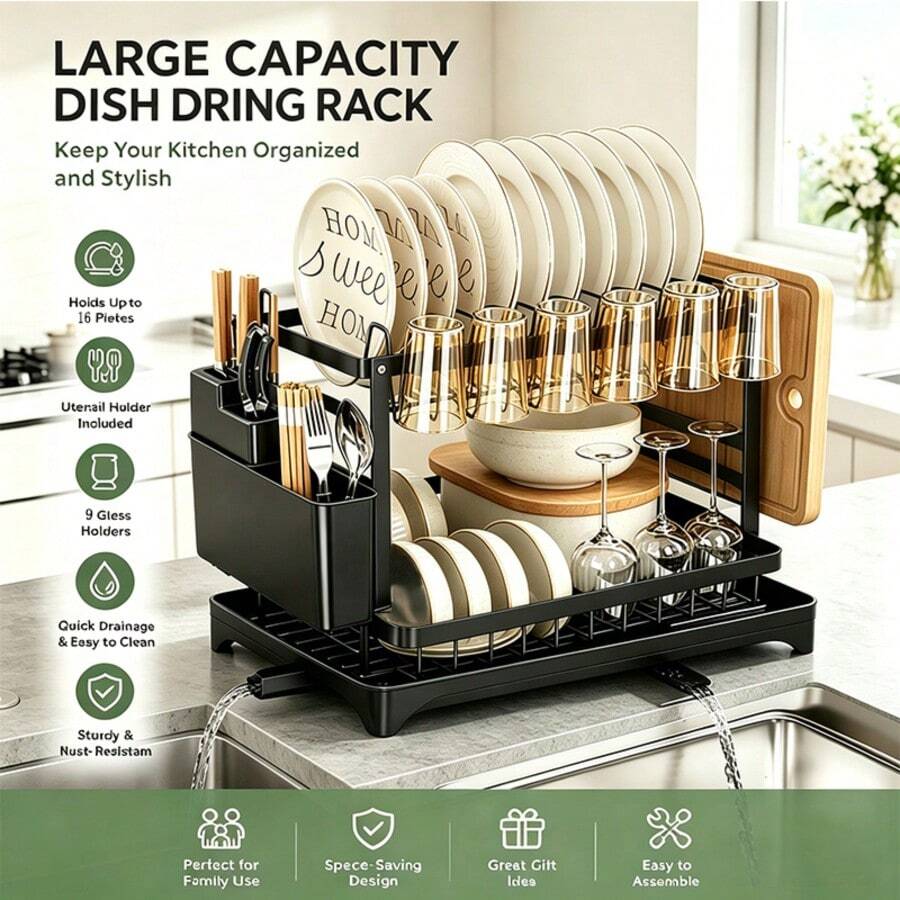 Dish Drying Rack 2 Tier, Stainless Steel Black Kitchen Countertop Organizer With Drainboard, Built-In Utensil & Cutting Board Holder, Large Capacity Space-Saving Kitchen Tableware Organizer, Easy To Clean - Black - View 1