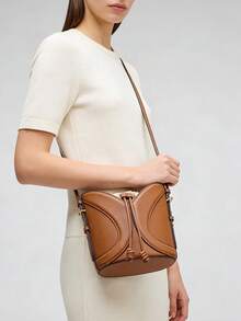 1 pieza Bolso de cubo de cuero PU marrón, bolso de hombro y bandolera con cordón de estilo británico para mujeres, bolso casual para ir al trabajo, compras, viajes y uso diario - Marrón - Ver 2