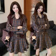 Women Mini Dresses - Coffee-colored Dress + Shawl + Belt - View 2