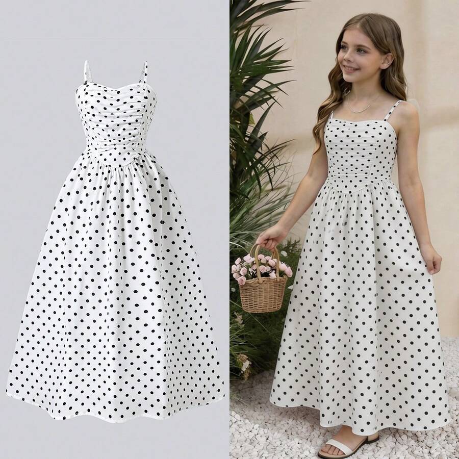 Spring/Summer Casual Versatile Polka Dot Print Spaghetti Strap Dress For Teen Girls - Black and White - View 1