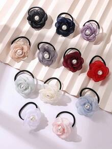 4 Pcs Girls Cute Faux Pearl Mesh Flower Hair Ropes, New Bohemia/Boho Flower Ponytail Holder Hair Tie Hair Accessory Set For Holiday Parties And Daily Use - Multicolor - View 2