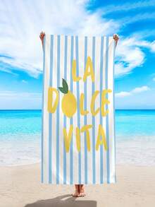 1件時尚藍色條紋海灘巾，檸檬印花「La Dolce Vita」大尺寸海灘巾，超細纖維快乾吸水防沙海灘浴巾，毛巾，適合旅行、游泳池、潛水、衝浪、瑜珈、露營、海灘派對和派對裝飾海灘巾，夏季海灘旅行必需品，度假浴室裝飾水上派對多功能海灘巾 - 藍色條紋 - 查看 5