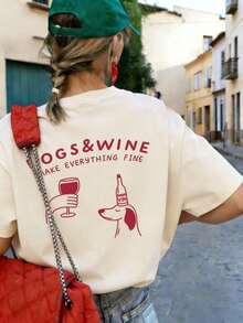 2026 Cartoon Puppy & Red Wine Graphic Print Crew Neck Short Sleeve T-Shirt. New Minimalist Women's T-Shirt With A Cute Pattern, Casual Holiday Style, Relaxed Fit, Crew Neck And Short Sleeves. - 杏色 - 查看 1
