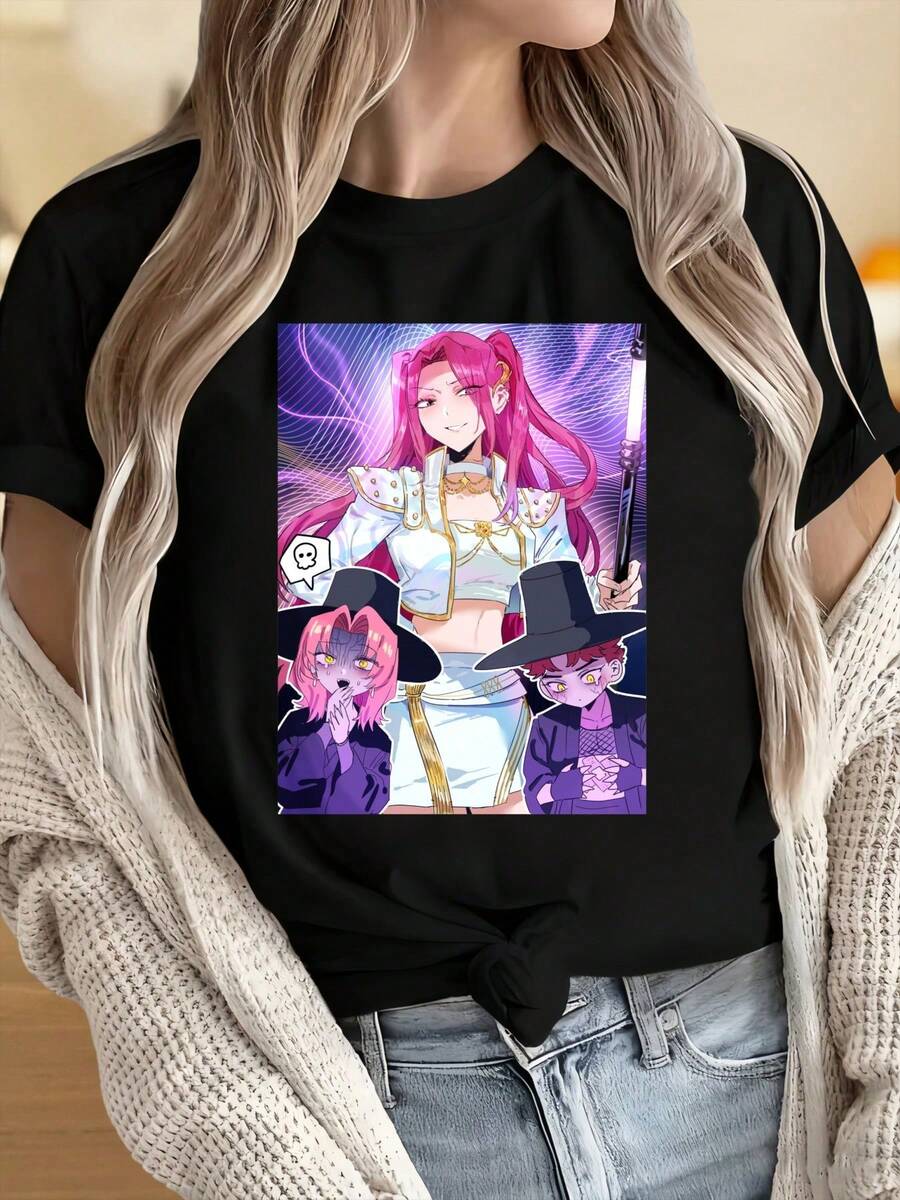 VintageAnime Magic Girl And Two Mysterious Characters T-Shirt With Vibrant Purple Background And Fantasy Themesummer Tops - Black - View 1