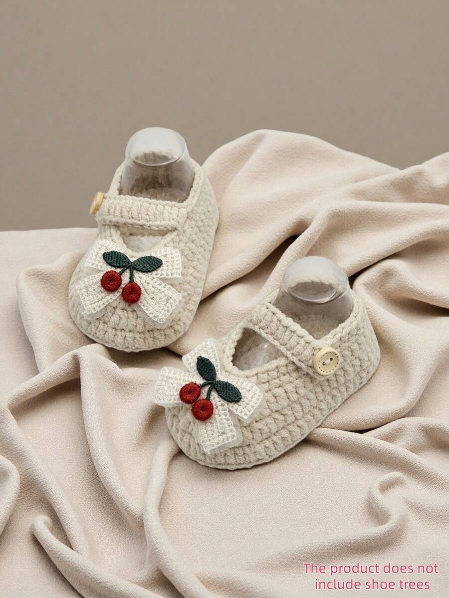 1 Pair Infant Girl Cherry Mary Jane Boots, White Knitted Button Strap - Beige - View 1